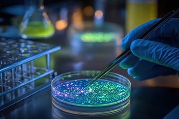 Laboratory research: gloved hand working with glowing microbial cultures.
