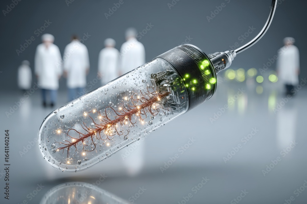 Poster advanced biotechnology capsule with glowing internal structure in a research lab.