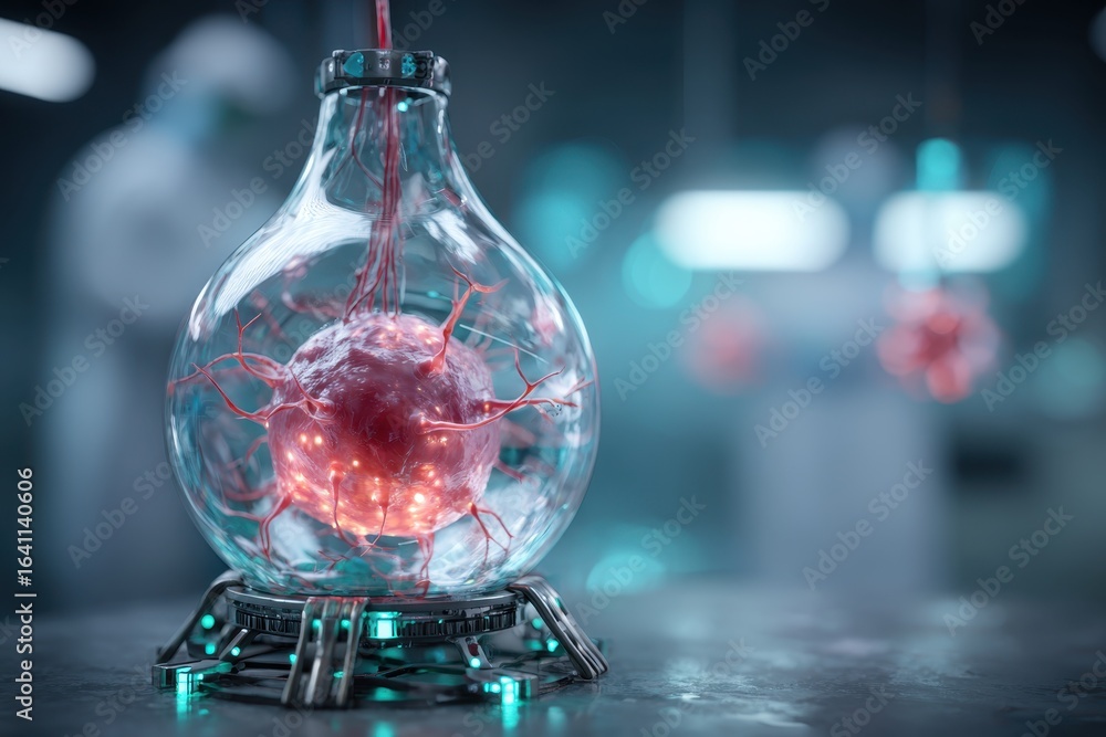 Poster a detailed 3d rendering of a glowing red cell in a futuristic lab setting.