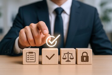 Business Compliance Concept: Wooden Blocks with Checklist, Tick, Scale, Lock and Businessman Pointing at Checkmark