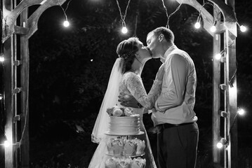 newlyweds happily cut and taste the wedding cake