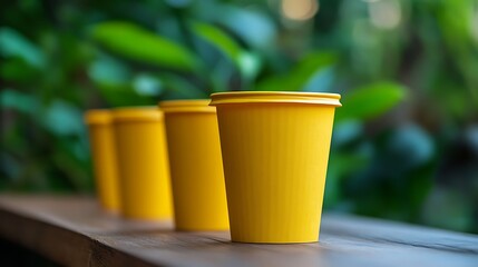Three paper coffee cups on wooden table in coffee shop, stock photo