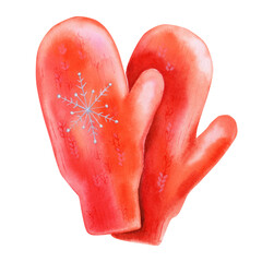 Red cozy warm knitted mittens in vibrant red color with snowflake decor, watercolor illustration. PNG decoration winter outings and outdoor activities