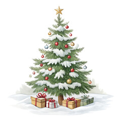 Christmas tree with colorful gift boxes, ornaments, and a star on top