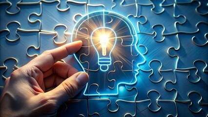 Hand touching a glowing neon outline of a head with a lightbulb inside, representing a brilliant idea and innovative thinking
