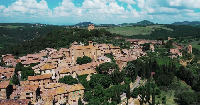 Monticchiello, a picturesque village nestled in the rolling hills of Tuscany, Italy, aerial drone view