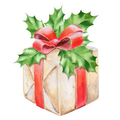 Christmas gift box with holly leaf, watercolor illustration. PNG wrapped gift box with red silk bow on top on transparent background