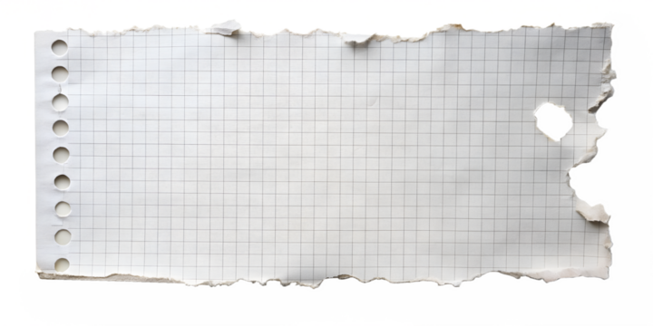 Photo of torn paper sheet with perforated edge and grid lines, isolated on transparent background