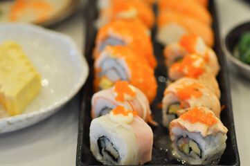 maki or salmon maki or sushi or salmon rolls, Japanese food or salmon sushi roll or salmon maki sushi