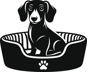 Dachshund Sitting in Cozy Dog Bed – Black and White Vector Illustration