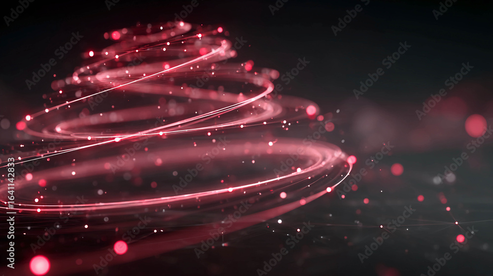 Poster glowing, moving lines and dots that create a spiral or whirlwind effect. the main colors are shades 