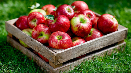 A wooden box filled with red apples. The apples look fresh and covered with water droplets. The box is placed on green grass in a rural or garden setting. Harvesting.