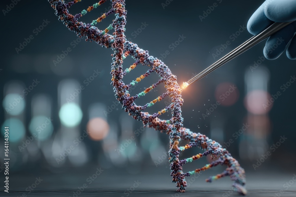 Poster advanced gene editing technology manipulating a glowing dna helix in a laboratory setting.