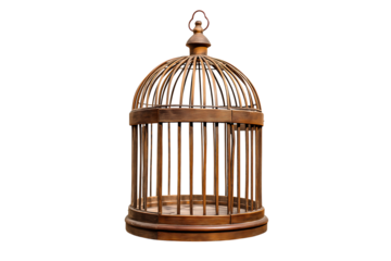 Antique wooden bird cage vintage style isolated transparent background. Vintage style wooden bird cage with detailed carvings.