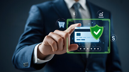 Businessman touching a credit card with security shield and shopping cart icons on a dark background