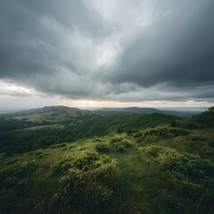 Fototapeta premium Peaceful rural hills covered in green grass with dramatic clouds overhead