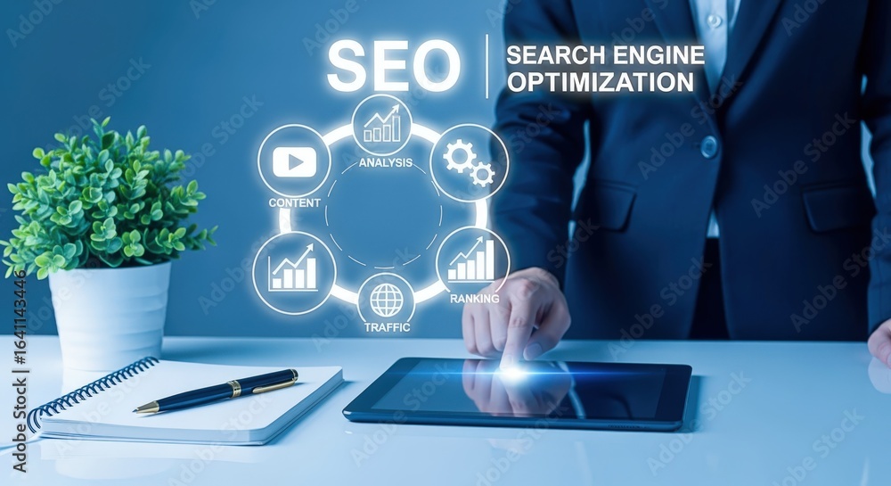 Poster seo strategy presentation with digital tablet and growth analysis graphics for business optimization