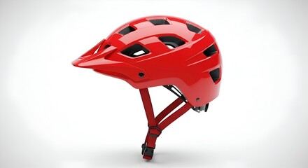 A minimalist red mountain bike helmet with ventilation holes, clean and white background