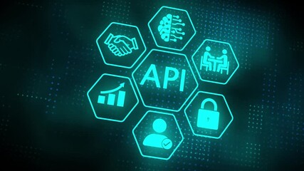 Futuristic digital API business communication icons representing growth, security, AI, teamwork, trust, identity verification, and connectivity in technology-driven professional environments. - Powered by Adobe