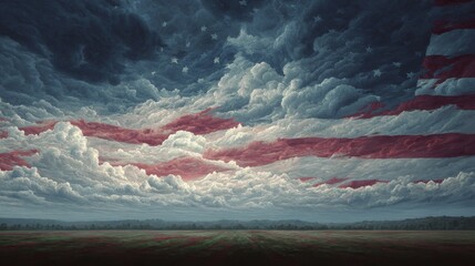 Stunning Patriotic Landscape: American Flag Merged with Dramatic Cloudy Sky Over Expansive Field