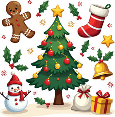 Christmas illustration set with tree snowman gingerbread man and festive decorations on white background
