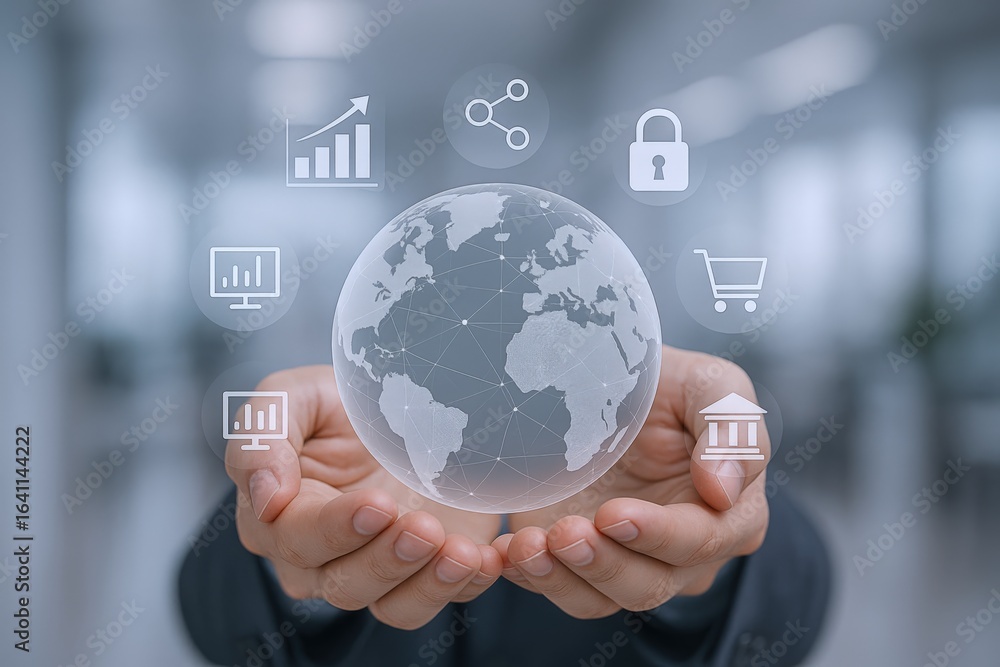 Poster global business network concept: hands holding a digital globe with data icons and connections