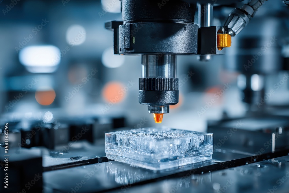 Poster advanced laser engraving system creating detailed internal structures.