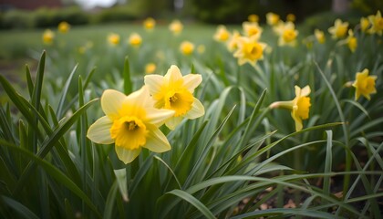 Yellow daffodils blooming across a lush green grassy field, creating a bright and cheerful natural scene filled with vibrant spring colors