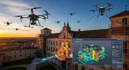 Swarm of autonomous drones performing a 3D scan of a historic building creating a digital twin model for architectural analysis and inspection.