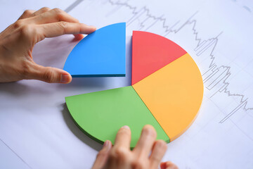Hands assembling a colorful pie chart with blue red green and yellow segments on a graph background