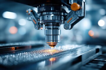 High-precision laser technology in action, cutting metal with intense sparks.