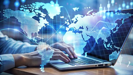 Person typing on a laptop with a glowing blue world map overlay, representing global technology and digital connection in business and finance