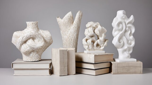 White Marble-Textured Sculptures & Vase on Stacked Books (Gray Background)