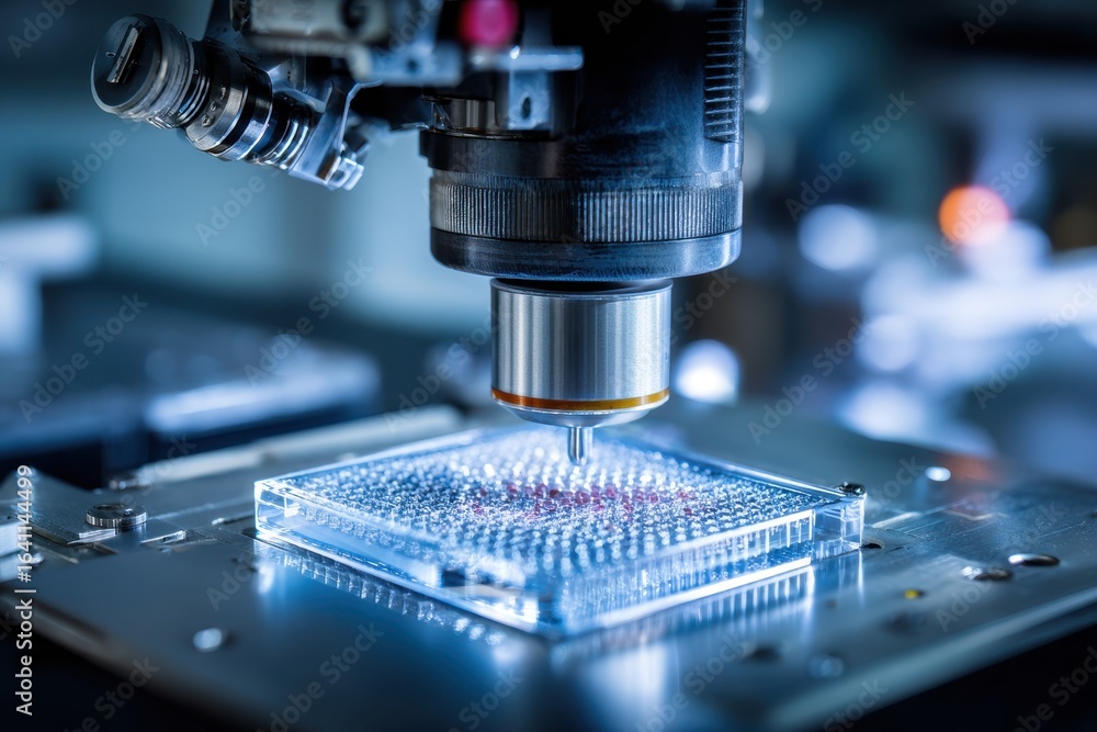 Poster precision robot dispensing liquid into a microplate in a modern laboratory setting.