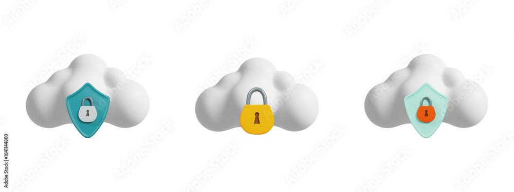 Poster 3d cloud data protection icon set with shield, lock, and secure storage symbols...