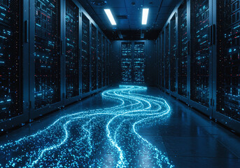Digital rivers of glowing data flow across the floor of a futuristic server room, surrounded by illuminated server racks.