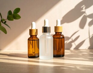 Three Essential Oil Glass Bottles with Droppers on Wooden Surface in Sunlight
