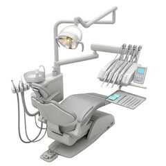 Modern dental chair with integrated instruments and overhead light isolated on transparent background