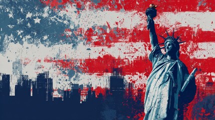 Artistic Depiction of the Statue of Liberty Against an Urban Backdrop with American Flag Graffiti, Embodying Cultural Heritage and National Identity