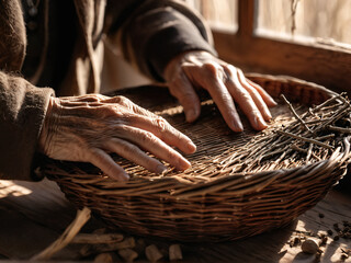 Elderly hands weaving a wicker basket from fresh willow twigs