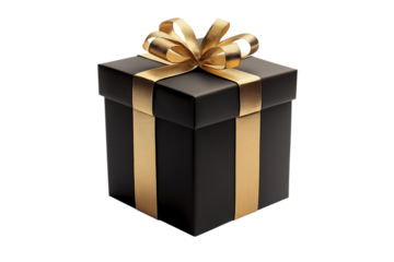 Elegant black and gold gift box isolated on transparent background. Luxury black and golden present box isolated PNG.