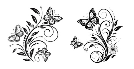Black and White Floral Swirl with Butterflies Vector Illustration