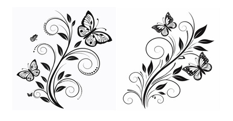 Butterfly Floral Illustrations with Swirling Leaves and Branches