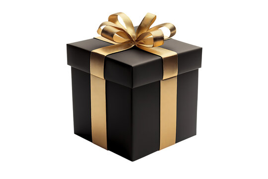 Elegant black and gold gift box isolated on transparent background. Luxury black and golden present box isolated PNG.