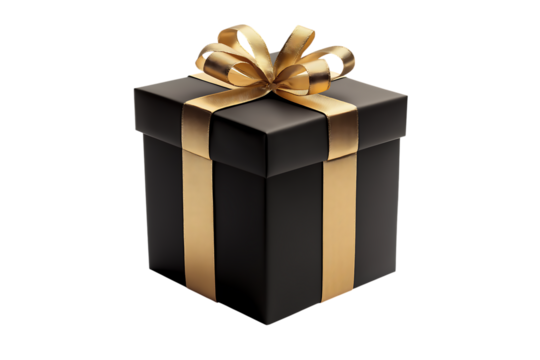 Elegant black and gold gift box isolated on transparent background. Luxury black and golden present box isolated PNG.
