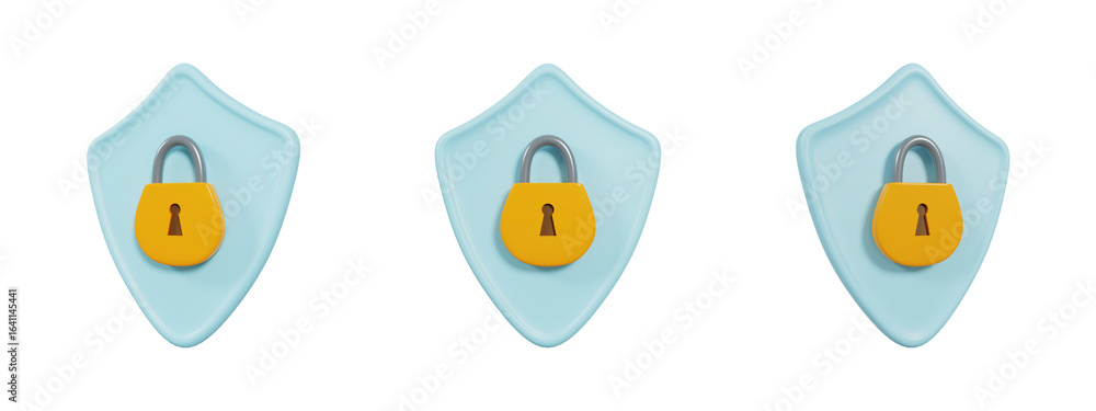 Poster 3d security shield with padlock icon set for data protection and privacy concepts...