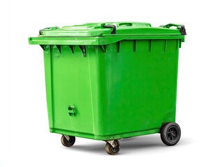 Green plastic trash receptacle on wheels