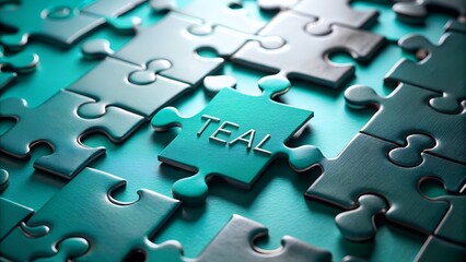 A single teal jigsaw puzzle piece with the word teal embossed on its surface, surrounded by other puzzle pieces, symbolizing a unique element or solution