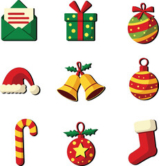 Collection of Christmas icons including ornaments gifts and festive decorations in red green and yellow