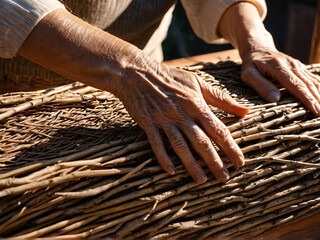 Elderly hands weaving a wicker basket from fresh willow twigs